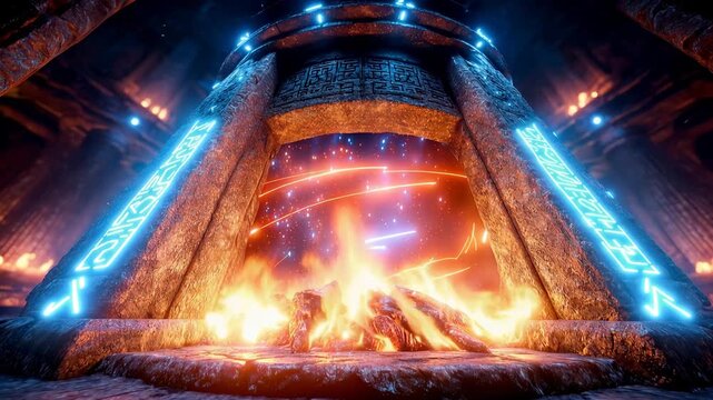 ミステリアスな遺跡の中の台座で燃える炎と神秘的な光