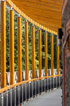 Architectural detail of hotel gallery wooden structure summer school of philosophy course venue in natural forest setting near Dutch city 