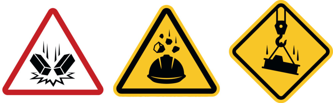 Falling Objects and Overhead Impact Hazard Warning Sign Set for Construction Site Safety Workplace Injury Prevention and Regulatory Compliance
