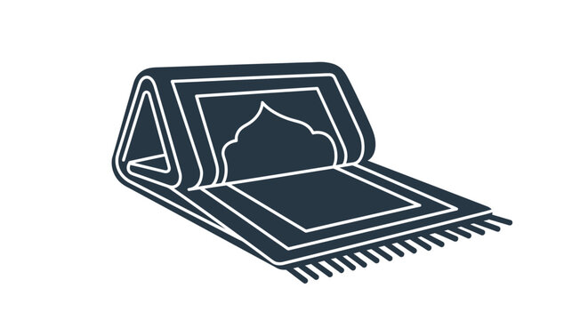 Minimalist silhouette of a folded Islamic prayer rug featuring a white outline of a mihrab arch and fringe tassels, isolated on a white background for religious vector design.