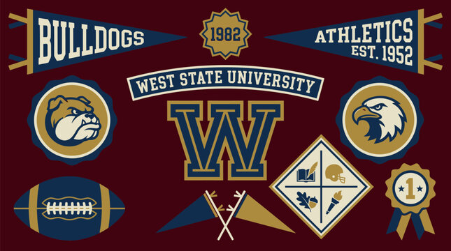 Vintage University Football Athletics Badge and Pennant Set with Bulldog Eagle Mascot for Team Branding Sports Apparel and Collegiate Identity Design