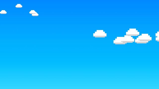 A pixelated, bright blue digital sky with scattered white clouds, evoking a simple, nostalgic 8-bit style scene