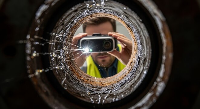 Professional worker using an inspection camera to examine a rusty pipe with water droplets