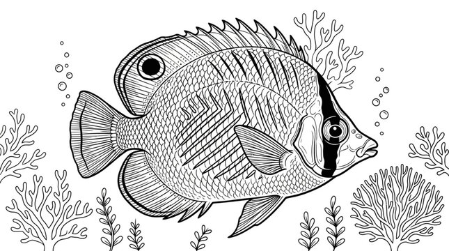 Detailed black and white illustration of a butterflyfish with coral and bubbles