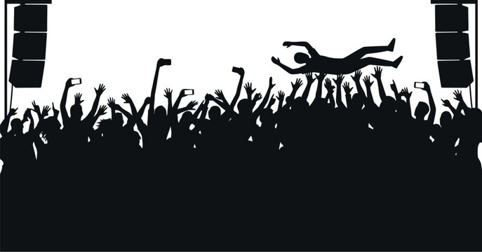 Music Festival Crowd Surfing Silhouette with Stage Speakers for Concert Event Live Entertainment Audience Participation and Festival Design Background