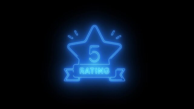 5 star rating neon sign animation, blue neon glowing five stars icon isolated on black background for customer review and feedback concept