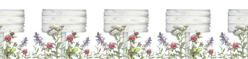 Watercolor seamless border with tablet and wildflower yarrow and lungwort and clover on white background. Flower milfoil for wedding. Meadow and board for wallpaper or wrapping. Rim with copy space © NatashaKun