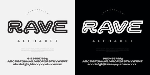Rave modern futuristic techno tech font alphabet with outline style uppercase lowercase numbers vector © happy