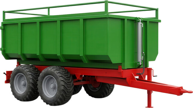 A green farm trailer with large tires and a red chassis featuring a hydraulic lift mechanism and a robust build for agricultural use agriculture vehicle machinery transport