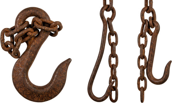 Three weathered rusty metal hooks with chains are displayed in close up showcasing detailed texture and corrosion on their surfaces rusty hook metal chain industrial vintage