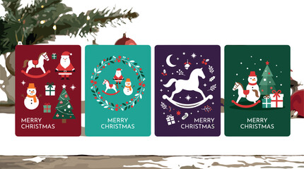 Fototapeta premium Minimalist Christmas Card Set Featuring Santa, Snowman, Gifts, Christmas Tree, Rocking Horse, and Holiday Decorations in Modern Vector Style
