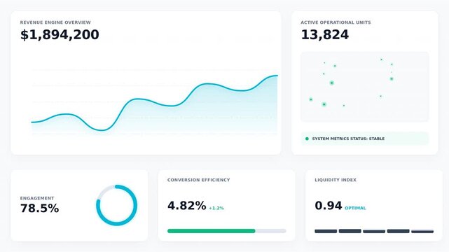 A digital dashboard displaying metrics such as active users, conversions, and engagement percentages with line graphs and data visualizations