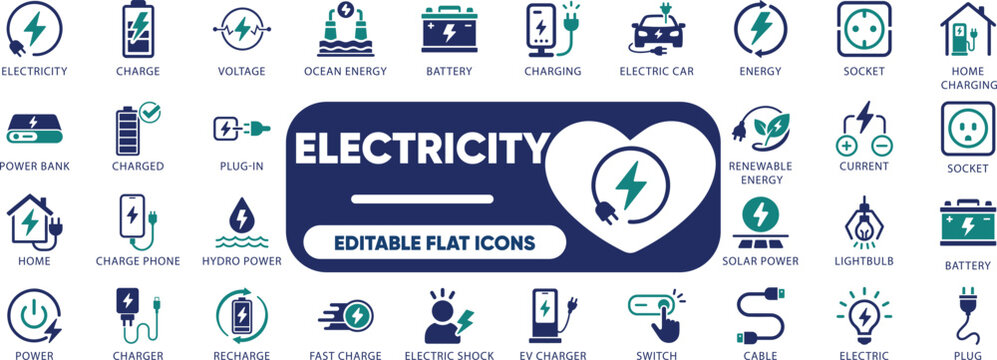 Electricity icon set. power, energy, charged, electrician, light bulb, solar panel, battery, socket, illustration, and solid icons.