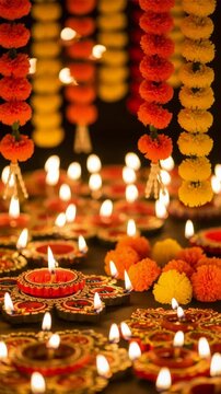 Traditional clay oil lamps for Diwali celebration. Glowing diya lights and marigold flower decoration for Ganesh Chaturthi. Indian festival of light background. Vertical video