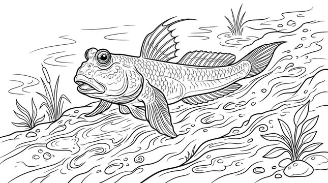 Mudskipper Fish Out of Water, Line Art Illustration