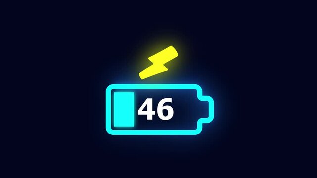 glowing line battery charging sign animation. power icon with 100% charging