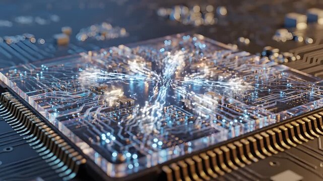 Futuristic computer microchip on a motherboard with glowing blue data streams simulating artificial intelligence and data processing