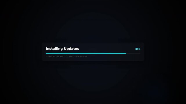 A digital screen displays a progress bar at during software update installation with a dark background and blue progress indicator