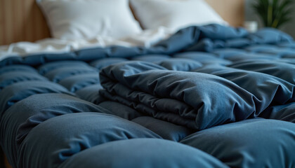 Fototapeta premium Soft blue bedding with pillows on a cozy bed in a calming room