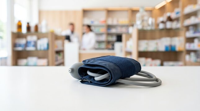 Blood pressure monitor cuff neatly folded on white table in modern pharmacy setting with blurred shelves and staff in background for medical diagnostics and home health care