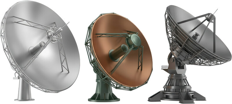 Three distinct satellite dishes with large parabolic reflectors and complex supporting structures are displayed side by side against a plain backdrop radio telescope communication
