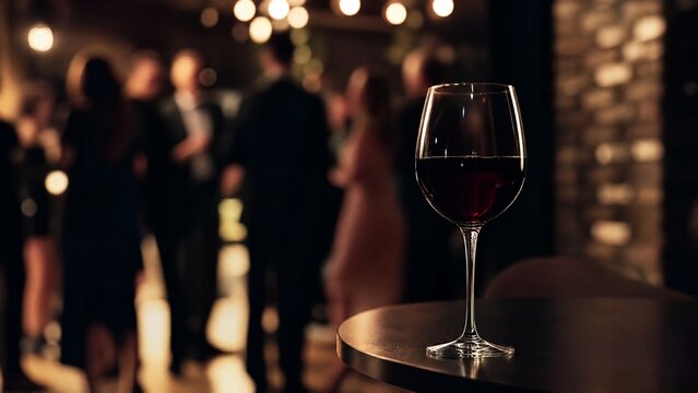 shallow. Full glass of red wine on table edge, blurred party background. bar promotions, beverage menus, designed for food & beverage menus and cafe branding, elevates brand perception.