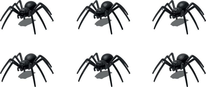 Realistic Black Widow Spider Vector Set Featuring Multiple Spiders in Detailed 3D Style for Halloween and Nature Illustrations