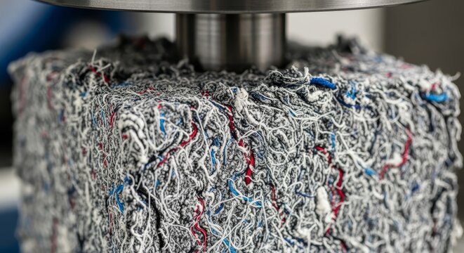 Extremely Close Up View of Compressed Recycled Textile Material Texture With Red Blue and White Fibers