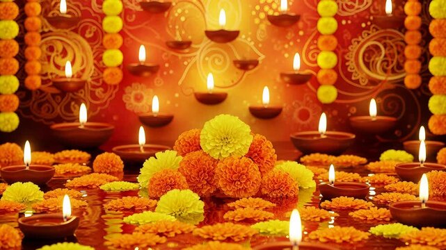 Traditional diya lamps glowing and bright marigold flower decoration. Festive scene for Diwali celebration and Ganesh Chaturthi worship ritual. Religious background.