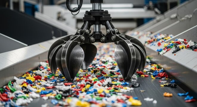 Industrial grabber machine processing colorful shredded plastic materials on a conveyor belt for recycling purposes