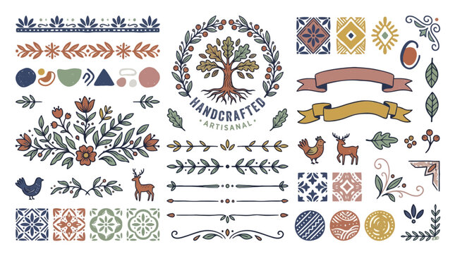 Vector Icons Handcrafted decorative design elements set with folk art motifs and floral patterns. EPS Editable