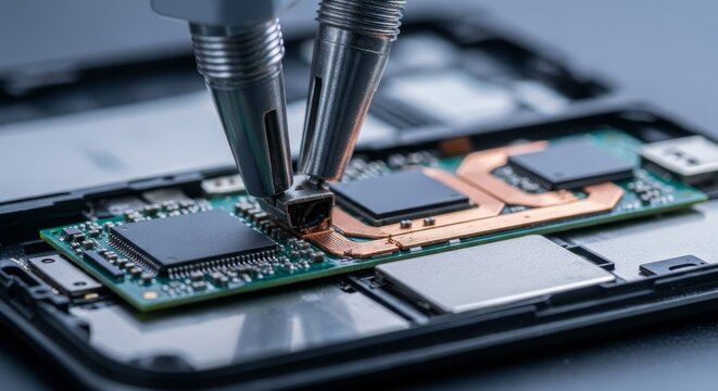 Advanced microchip installation on a complex electronic circuit board using precision tools