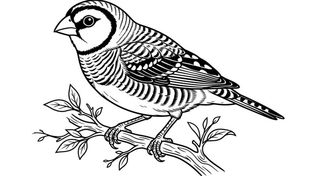 Zebra Finch Bird Illustration Perched on Branch, Black and White Line Art