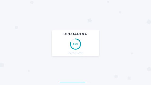 A digital interface shows uploading screen with a progress circle against a light, modern background dotted with subtle particles