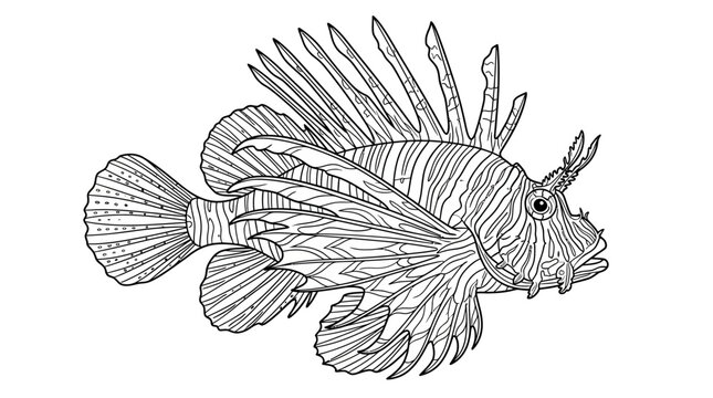 Line Art Lionfish Illustration, Detailed Drawing of a Venomous Marine Fish