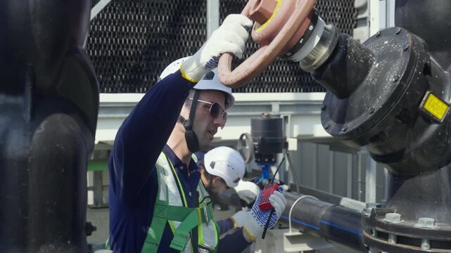 Engineer maintenance hvac cooling tower technician valve pipe industrial safety work, turning equipment with care during routine upkeep bright light, rooftop inspection wearing hard hat harness