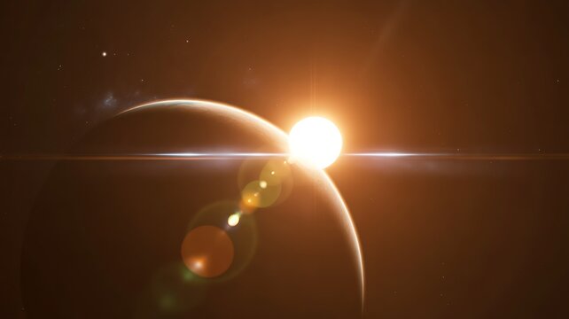  Solar eclipse with bright sunlight and planet in outer space universe background
