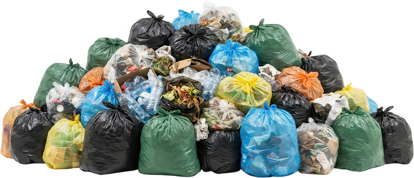 A large chaotic pile of assorted colored trash bags filled with waste including visible plastic bottles cardboard and organic refuse garbage pollution disposal landfill rubbish