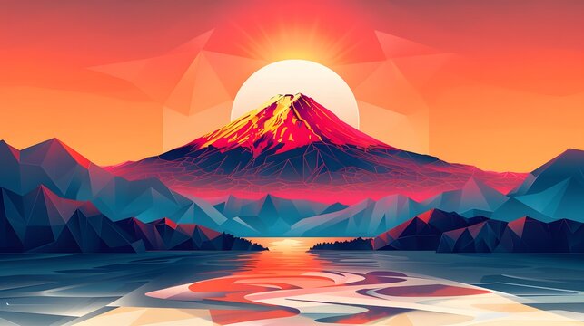 Geometric Mount Fuji Landscape Collection in Vibrant Polygonal Abstract Style