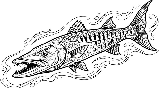 Aggressive Barracuda Fish Swimming Underwater with Open Mouth and Sharp Teeth, Line Art