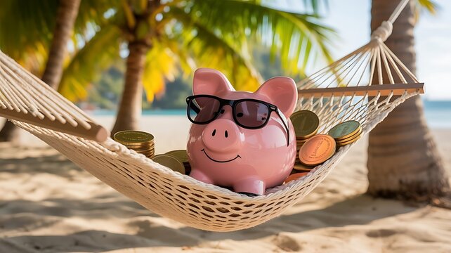  Piggy bank relaxing in hammock on tropical beach representing vacation savings and financial freedom