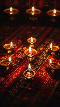 Traditional oil lamps glowing on ornate fabric. Diya flames for Ganesh Chaturthi celebration. Indian festival ritual lighting background for religious prayer. Vertical video