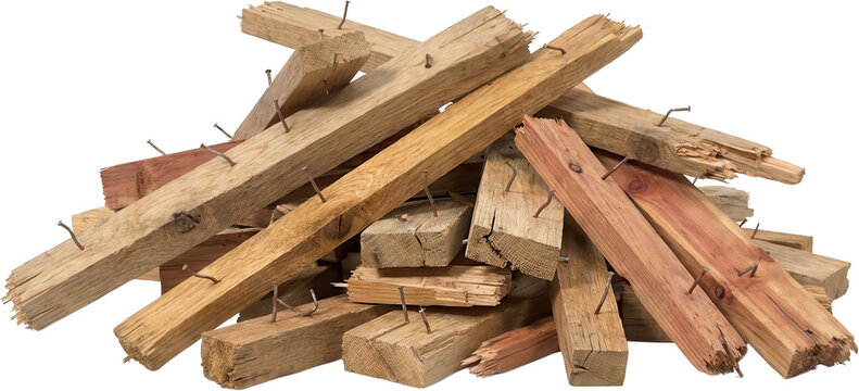A pile of weathered splintered wooden planks with rusty nails driven through them showcasing natural textures and a rustic appearance lumber timber wood scraps woodpile construction material