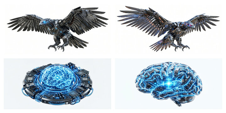 Flying raven and glowing brain and neuron network illustrations on white background