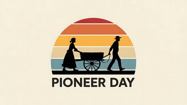 ioneer day vintage silhouette illustration with wagon and settlers in retro sunset background