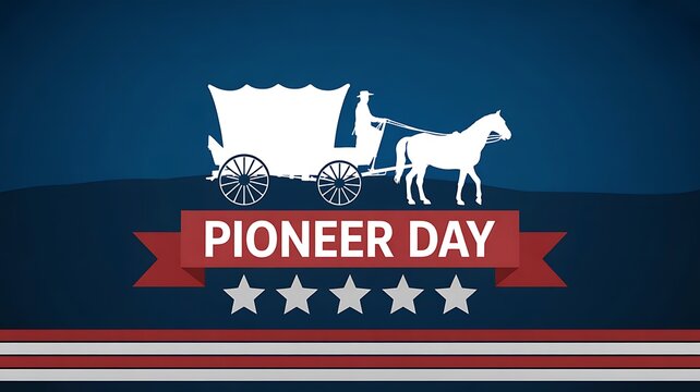 Pioneer day banner with horse wagon and patriotic ribbon on blue background