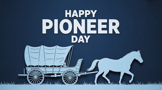 Happy pioneer day celebration with vintage covered wagon and horse silhouette on blue background