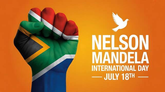 Raised fist with South Africa flag for Nelson Mandela International Day celebration

