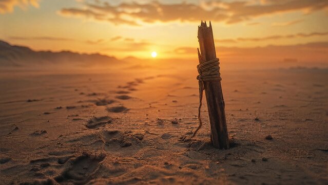 sedition. Broken flagpole in sandy ground with retreating footprints, sunset symbolic of surrender. inspiring travel planning.