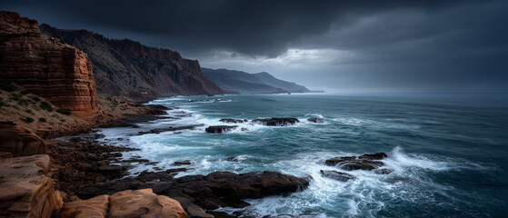 Fototapeta premium photo-realistic crimson rock coastline before a thunderstorm, giant waves crashing against layered cliffs, dark clouds rolling across the horizon, cinematic ocean photography.